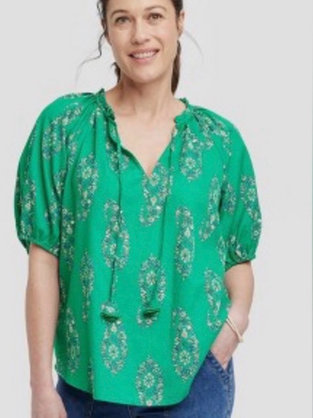 Knox Rose Emerald Green Printed Tie-Neck Peasant Top
